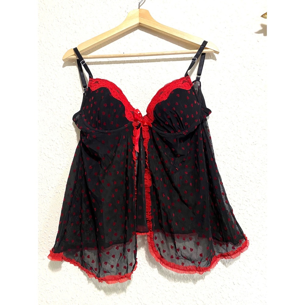 Rampage Intimates Black Red Heart Mesh Babydoll Lingerie Chemise Large romantic